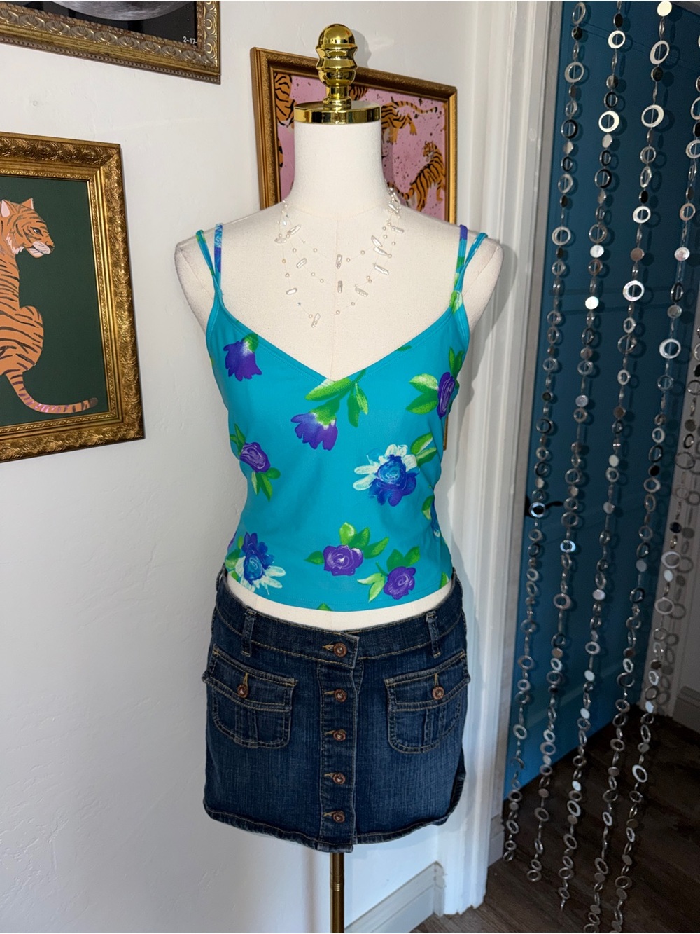 Vintage Y2K Blue Floral Spaghetti-Strap Tankini Top
